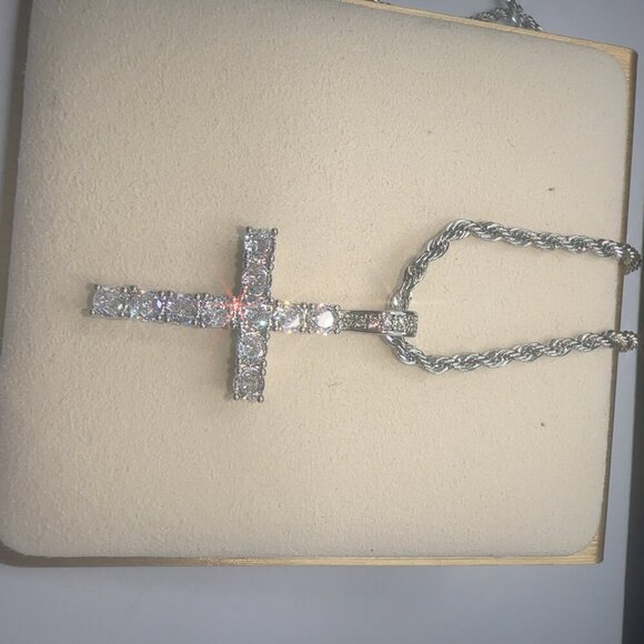 Cubic Zirconia Cross Pendant Necklace With Rope Chain Stainless Steel Silver Pla - Picture 7 of 7